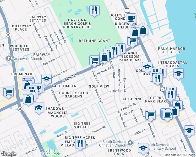 map of restaurants, bars, coffee shops, grocery stores, and more near 1706 Caldwell Road in South Daytona