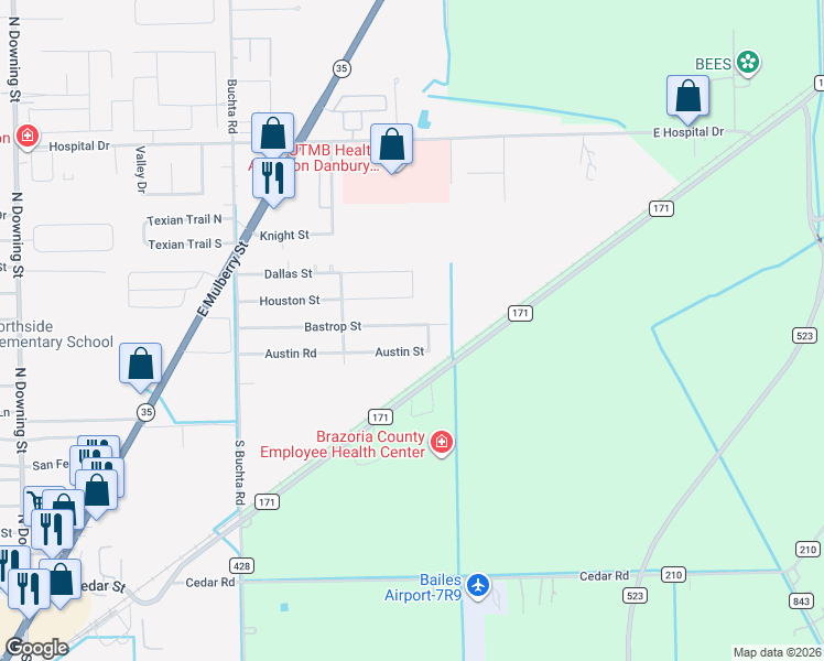 map of restaurants, bars, coffee shops, grocery stores, and more near 237 Austin Street in Angleton