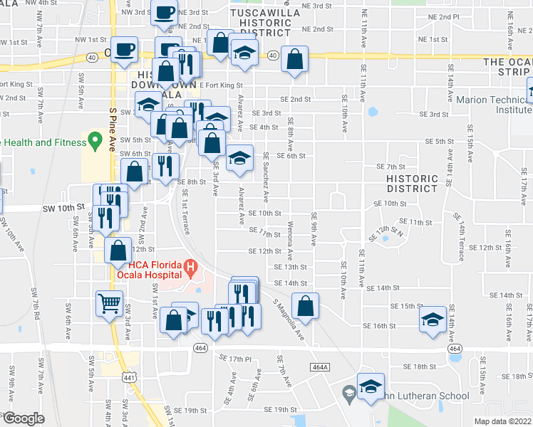 map of restaurants, bars, coffee shops, grocery stores, and more near SE Sanchez Ave & SE 10th St in Ocala