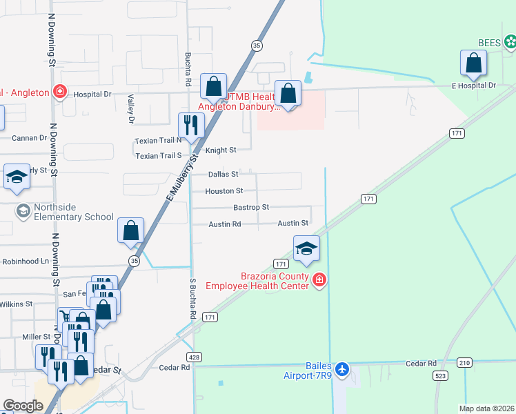 map of restaurants, bars, coffee shops, grocery stores, and more near 205 Bastrop Street in Angleton