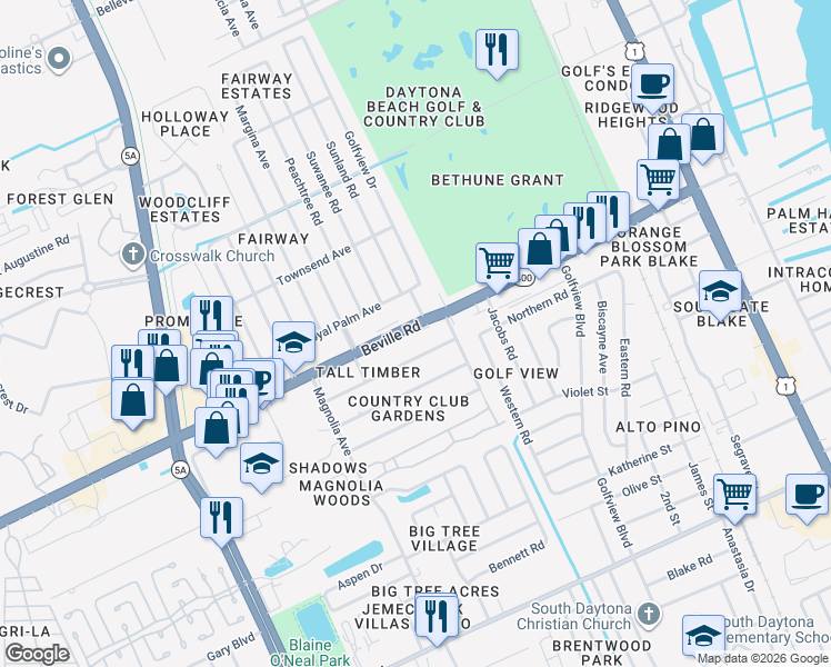 map of restaurants, bars, coffee shops, grocery stores, and more near 1508 Manor Drive in Daytona Beach