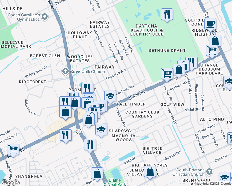 map of restaurants, bars, coffee shops, grocery stores, and more near 1432 Margina Avenue in Daytona Beach
