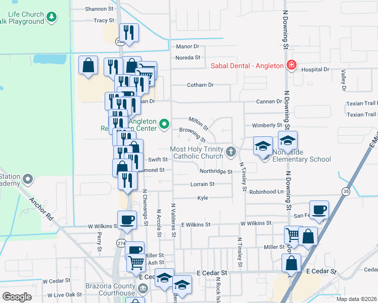 map of restaurants, bars, coffee shops, grocery stores, and more near 6 Oak Place in Angleton