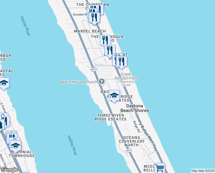 map of restaurants, bars, coffee shops, grocery stores, and more near 114 Richards Lane in Daytona Beach