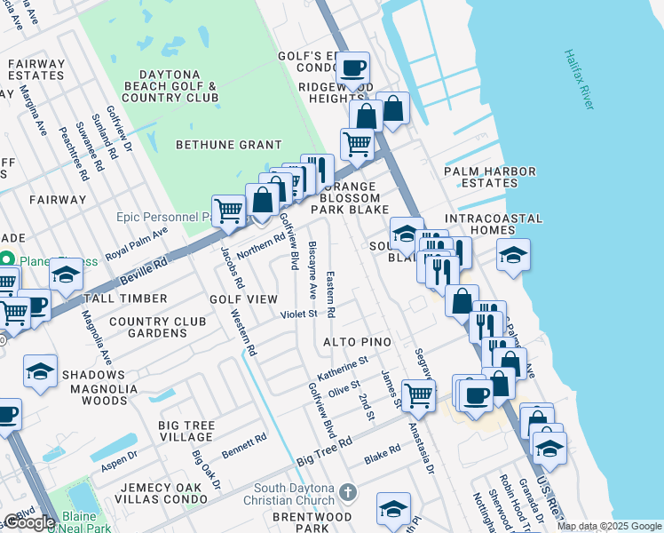map of restaurants, bars, coffee shops, grocery stores, and more near 1693 Eastern Road in South Daytona
