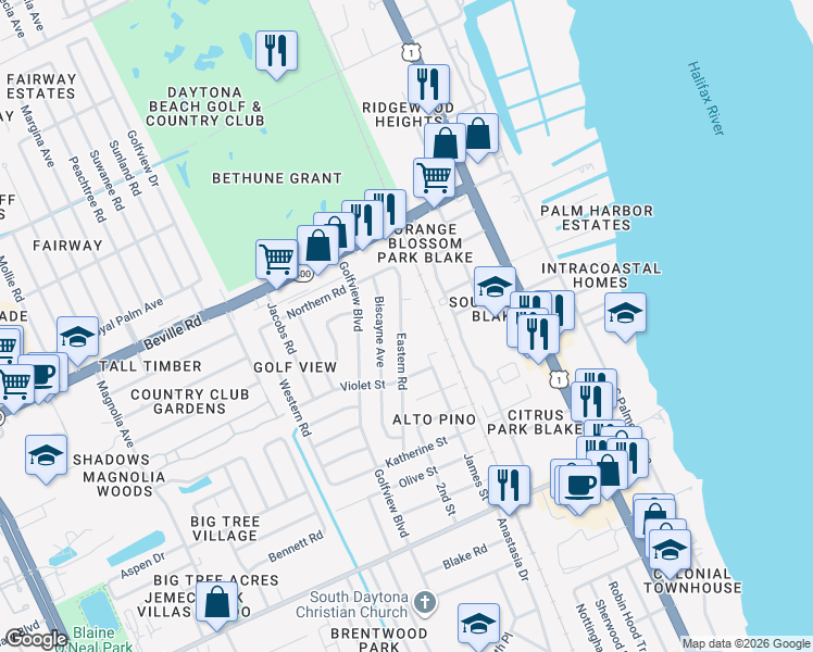 map of restaurants, bars, coffee shops, grocery stores, and more near 1693 Eastern Road in South Daytona