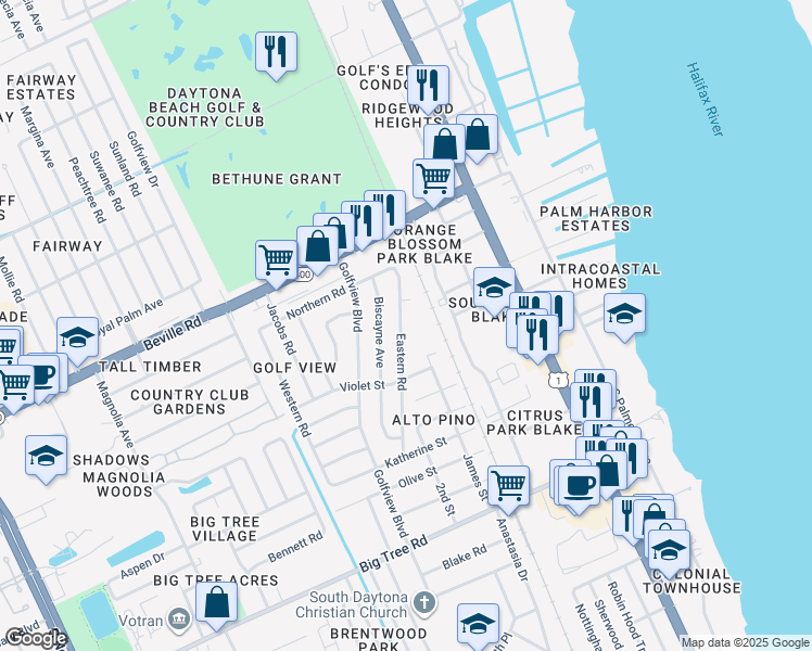 map of restaurants, bars, coffee shops, grocery stores, and more near 1693 Eastern Road in South Daytona