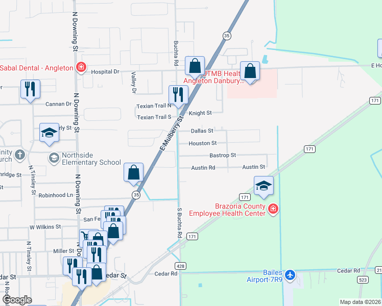 map of restaurants, bars, coffee shops, grocery stores, and more near 128 Houston Street in Angleton