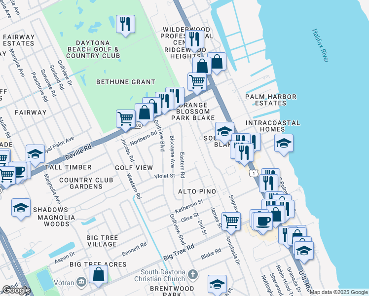 map of restaurants, bars, coffee shops, grocery stores, and more near 1715 Eastern Road in South Daytona