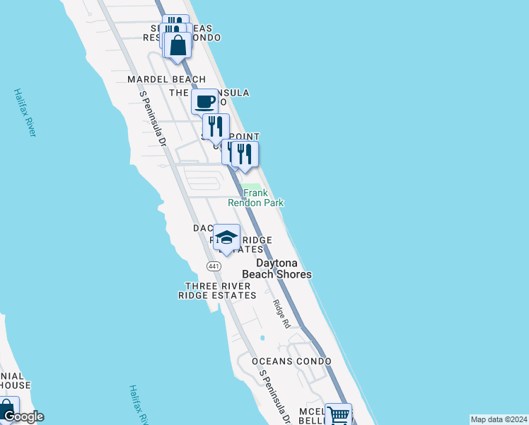 map of restaurants, bars, coffee shops, grocery stores, and more near 2717 South Atlantic Avenue in Daytona Beach