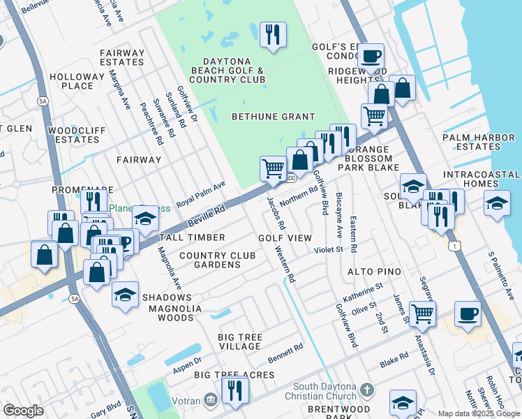 map of restaurants, bars, coffee shops, grocery stores, and more near 1607 Jacobs Road in South Daytona