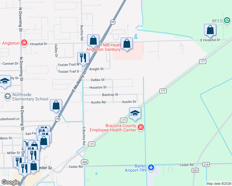 map of restaurants, bars, coffee shops, grocery stores, and more near 205 Bastrop Street in Angleton