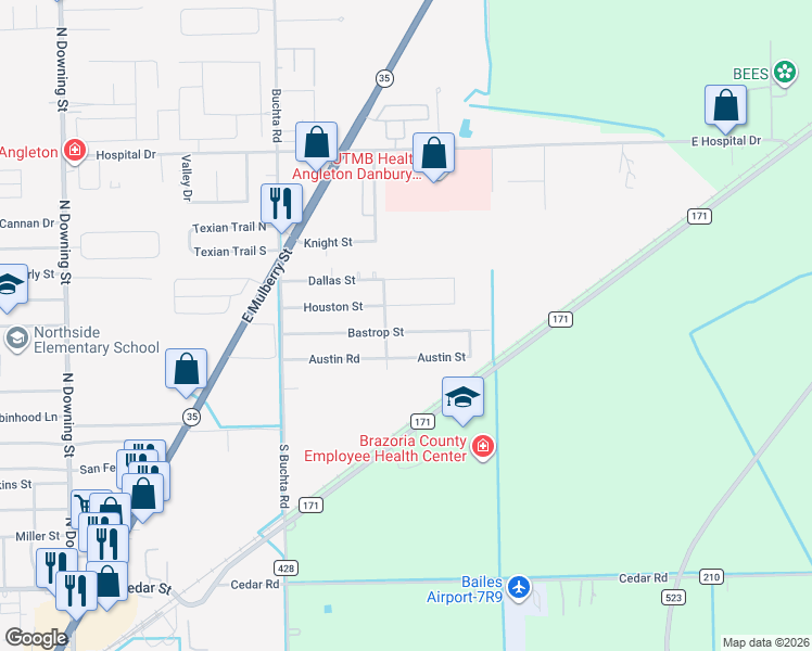 map of restaurants, bars, coffee shops, grocery stores, and more near 205 Bastrop Street in Angleton