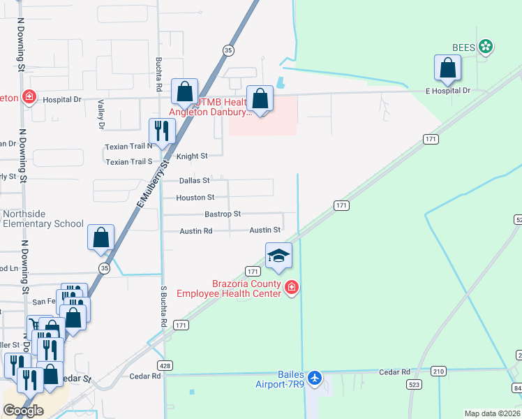 map of restaurants, bars, coffee shops, grocery stores, and more near 237 Bastrop Street in Angleton