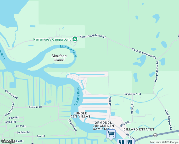 map of restaurants, bars, coffee shops, grocery stores, and more near 1699 North Jungle Den Road in Astor