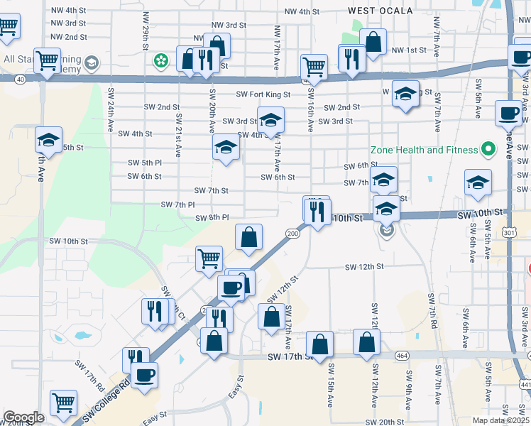 map of restaurants, bars, coffee shops, grocery stores, and more near 1720 Southwest 7th Place in Ocala