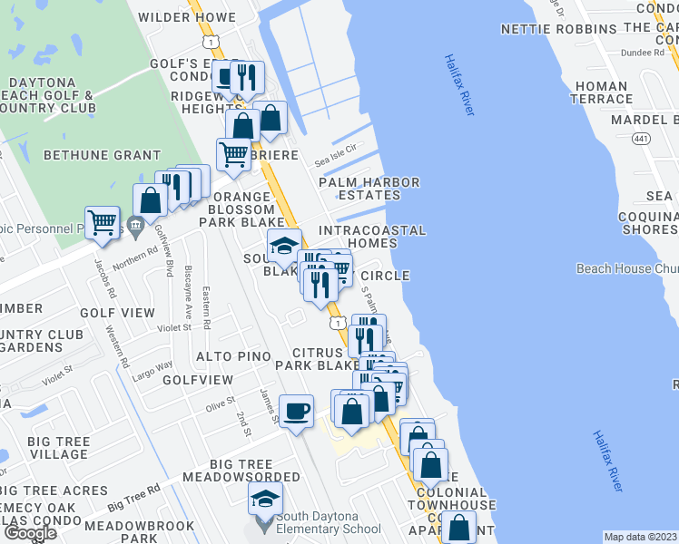 map of restaurants, bars, coffee shops, grocery stores, and more near 1750 South Palmetto Avenue in South Daytona