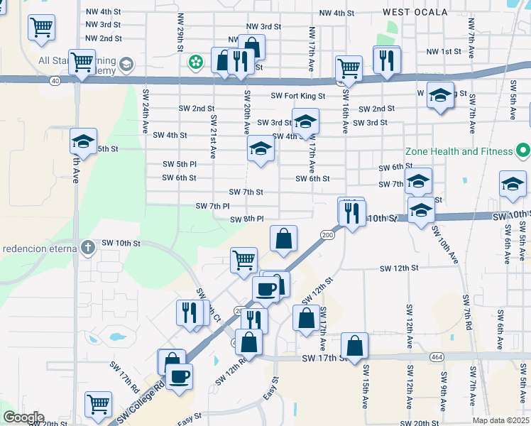 map of restaurants, bars, coffee shops, grocery stores, and more near 1940 Southwest 7th Place in Ocala