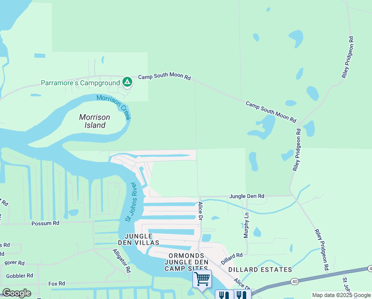 map of restaurants, bars, coffee shops, grocery stores, and more near 1699 North Jungle Den Road in Astor