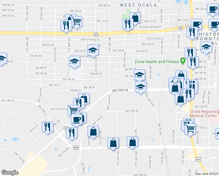 map of restaurants, bars, coffee shops, grocery stores, and more near 1000 Southwest 24th Street in Ocala