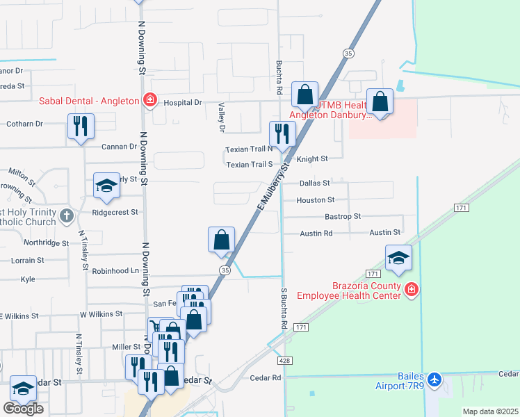 map of restaurants, bars, coffee shops, grocery stores, and more near 2119 East Mulberry Street in Angleton