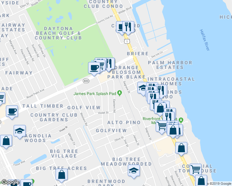 map of restaurants, bars, coffee shops, grocery stores, and more near 1705 Eastern Road in South Daytona