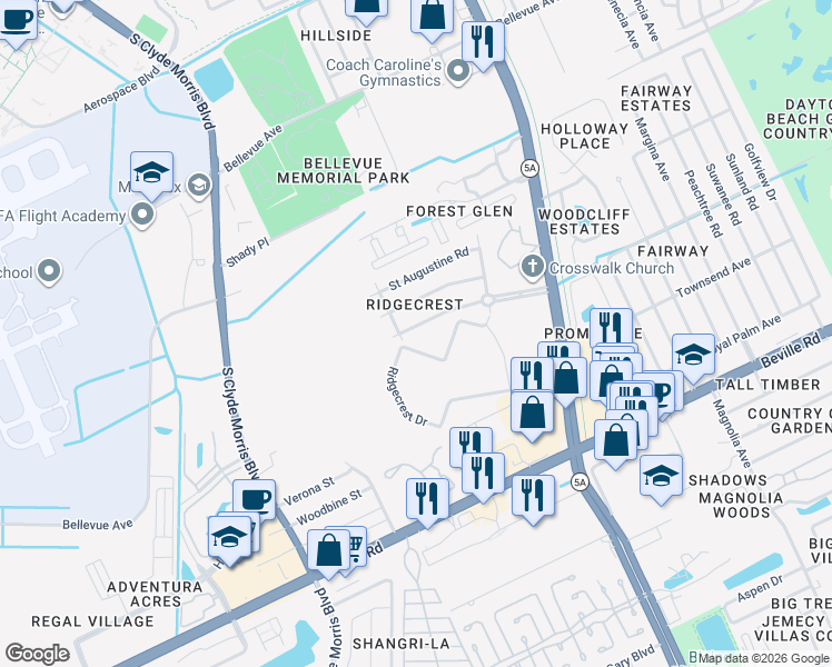 map of restaurants, bars, coffee shops, grocery stores, and more near 1153 Clearwater Road in Daytona Beach