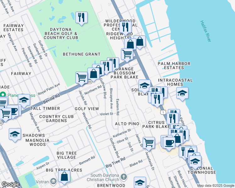 map of restaurants, bars, coffee shops, grocery stores, and more near 1693 Eastern Road in South Daytona