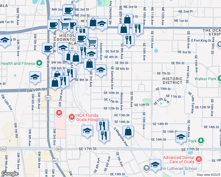 map of restaurants, bars, coffee shops, grocery stores, and more near 825 Southeast Sanchez Avenue in Ocala