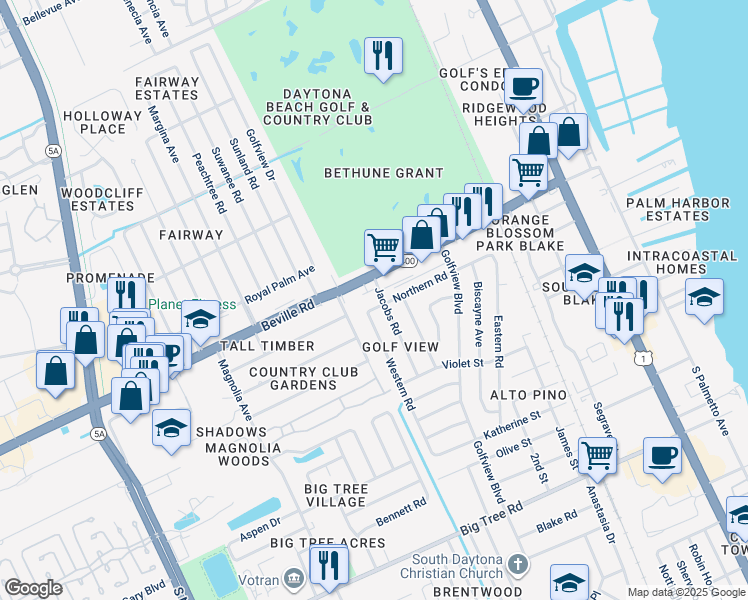 map of restaurants, bars, coffee shops, grocery stores, and more near 1607 Jacobs Road in South Daytona