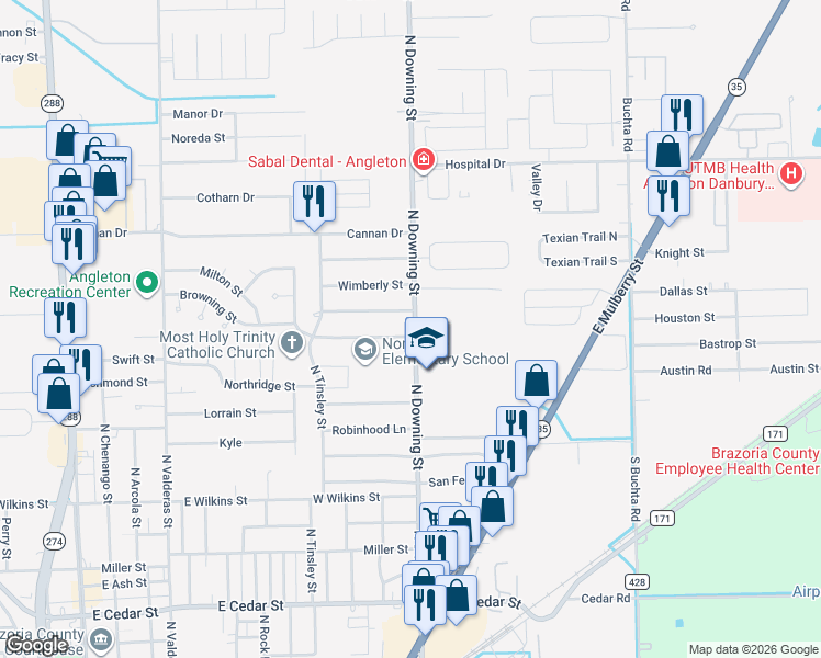 map of restaurants, bars, coffee shops, grocery stores, and more near 1117 Ridgecrest Street in Angleton