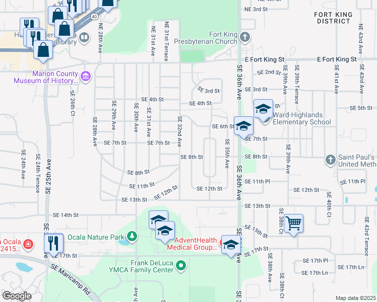 map of restaurants, bars, coffee shops, grocery stores, and more near 715 Southeast 33rd Avenue in Ocala