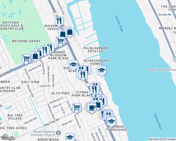 map of restaurants, bars, coffee shops, grocery stores, and more near 1750 South Palmetto Avenue in South Daytona