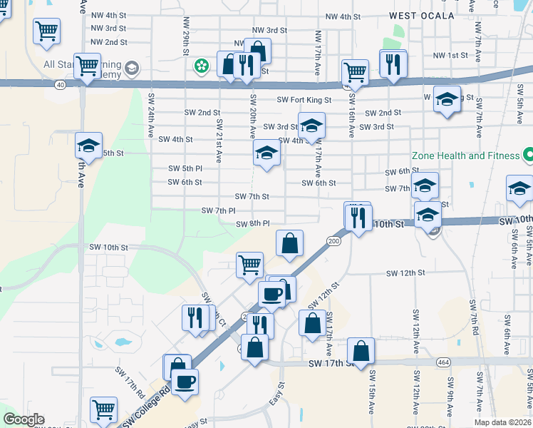 map of restaurants, bars, coffee shops, grocery stores, and more near 1922 Southwest 7th Place in Ocala
