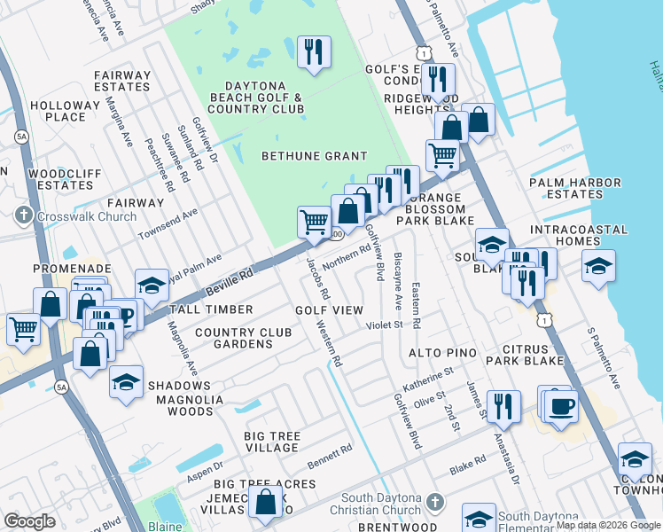 map of restaurants, bars, coffee shops, grocery stores, and more near 1639 Caldwell Road in South Daytona