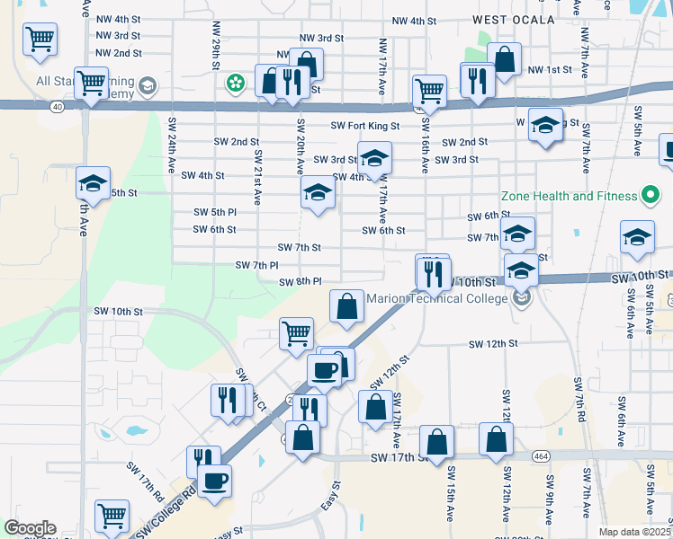 map of restaurants, bars, coffee shops, grocery stores, and more near 710 Southwest 19th Avenue in Ocala