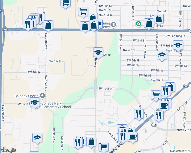 map of restaurants, bars, coffee shops, grocery stores, and more near 1602 Southwest 27th Avenue in Ocala