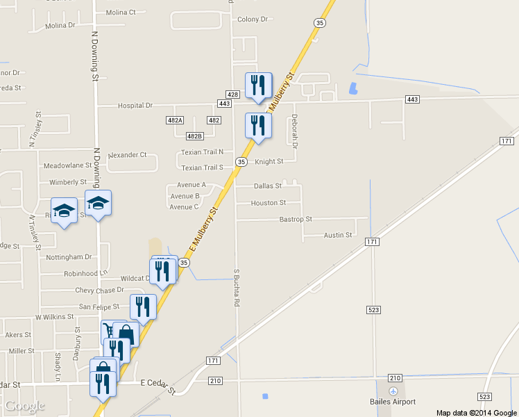 map of restaurants, bars, coffee shops, grocery stores, and more near 128 Houston Street in Angleton