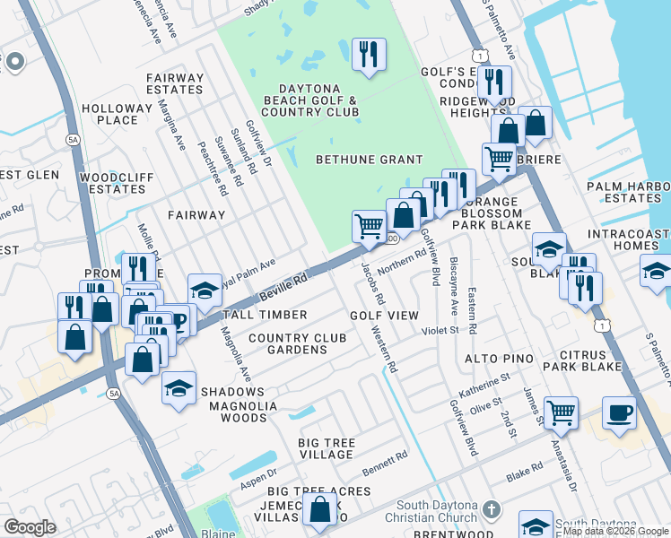 map of restaurants, bars, coffee shops, grocery stores, and more near in South Daytona