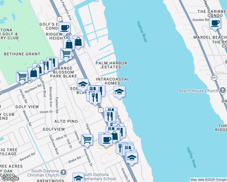 map of restaurants, bars, coffee shops, grocery stores, and more near 147 Tradewinds Circle in South Daytona