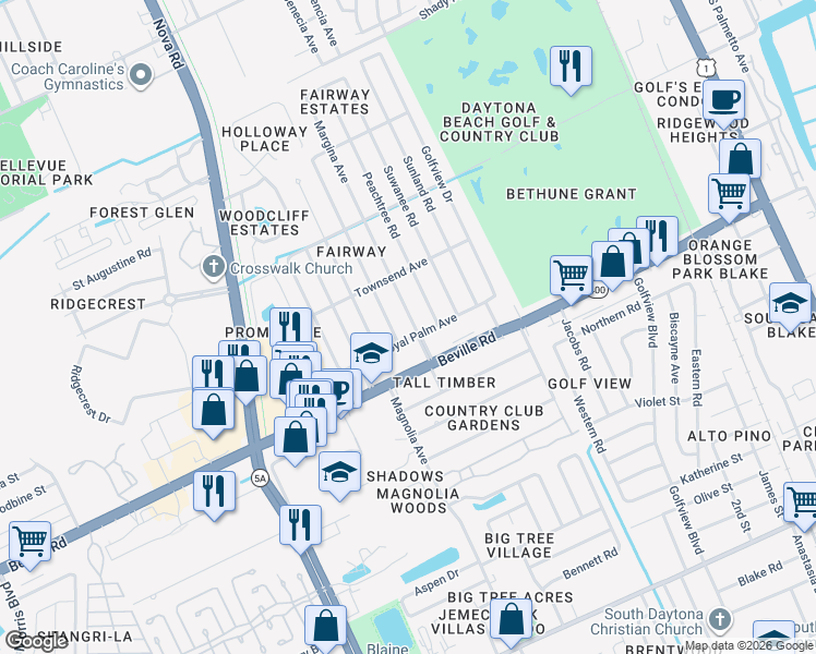 map of restaurants, bars, coffee shops, grocery stores, and more near 1432 Margina Avenue in Daytona Beach