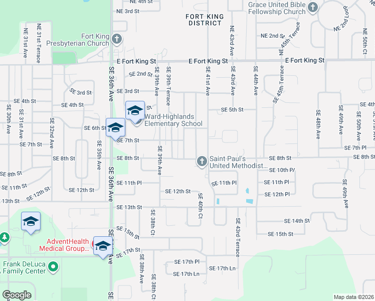 map of restaurants, bars, coffee shops, grocery stores, and more near 724 Southeast 40th Terrace in Ocala