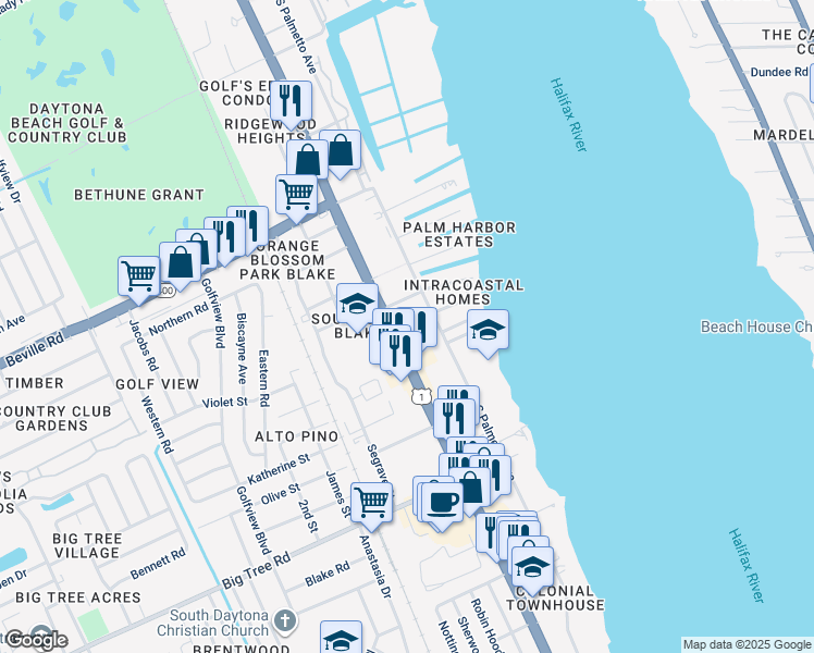 map of restaurants, bars, coffee shops, grocery stores, and more near 1745 South Ridgewood Avenue in South Daytona