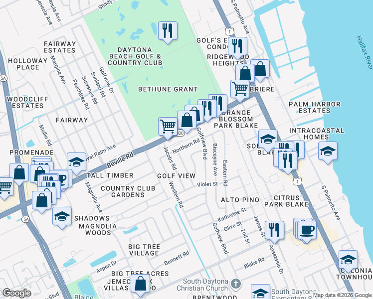map of restaurants, bars, coffee shops, grocery stores, and more near 1639 Caldwell Road in South Daytona