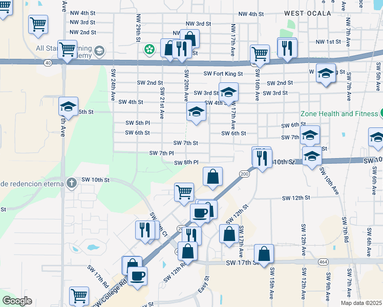 map of restaurants, bars, coffee shops, grocery stores, and more near 1940 Southwest 7th Place in Ocala