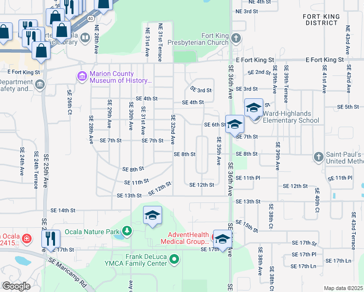 map of restaurants, bars, coffee shops, grocery stores, and more near 714 Southeast 33rd Avenue in Ocala