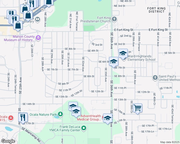 map of restaurants, bars, coffee shops, grocery stores, and more near 715 Southeast 33rd Avenue in Ocala