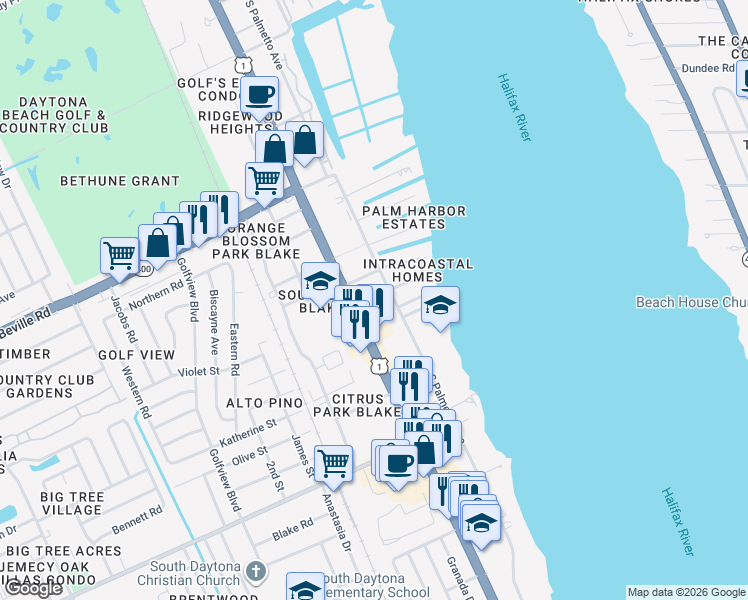 map of restaurants, bars, coffee shops, grocery stores, and more near 1750 South Palmetto Avenue in South Daytona