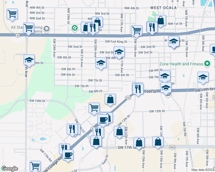 map of restaurants, bars, coffee shops, grocery stores, and more near 710 Southwest 19th Avenue in Ocala