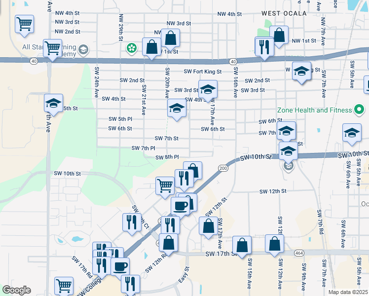 map of restaurants, bars, coffee shops, grocery stores, and more near 710 Southwest 19th Avenue in Ocala